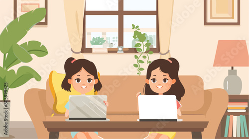 Young twin sisters using laptop at home Vector style