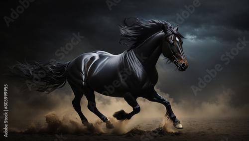 A black horse is running in a field
