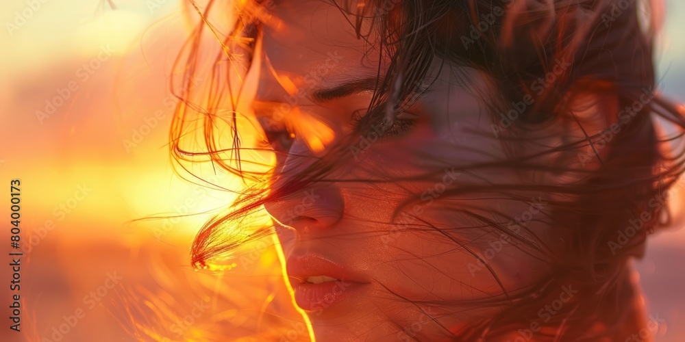 Close-Up of a woman standing at the windy coast during sunset