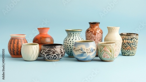 A collection of hand-painted, ceramic pottery, each piece unique, set against a light, sky blue solid background.