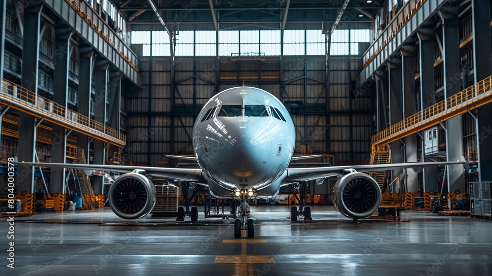 Plane parked in an airport hangar Plane parked in an airport hangar