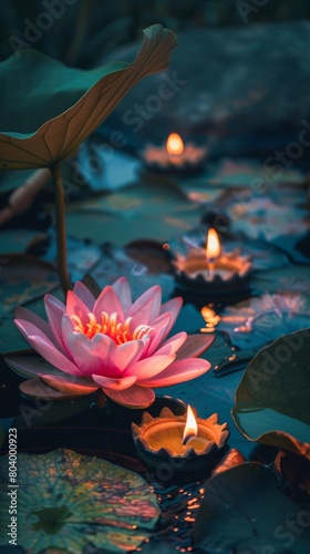 Diwali is an Indian holiday  the festival of fire. Lotus flowers and diyas oil lamps.
