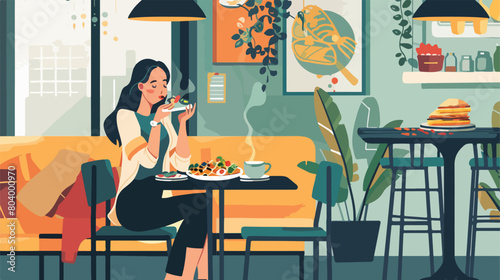 Young woman eating tasty pasta in restaurant Vector styl