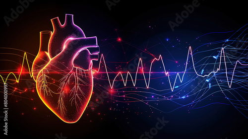 The normal sinus rhythm of the human heart, registering an electrocardiogram. Graphic representation of the heart and aorta, the concept of healthcare and medicine