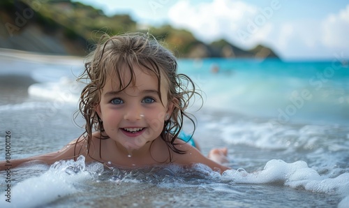 Young girl playing on the beach and smiling in the camera. Elba Island, Italy © Настя Шевчук
