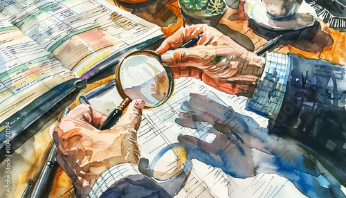 A man is holding a magnifying glass and looking at a piece of paper