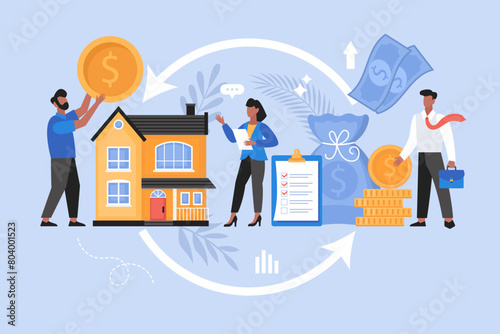 Reverse mortgage home loan business concept. Modern vector illustration of homeowner borrow money against the value of the house