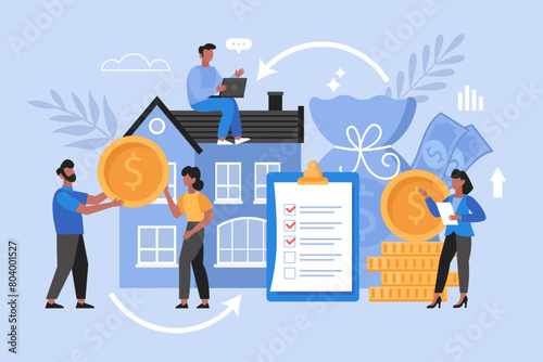Reverse mortgage home loan business concept. Modern vector illustration of homeowner borrow money against the value of the house photo