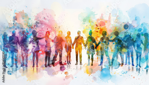 A group of people are holding hands in a colorful painting