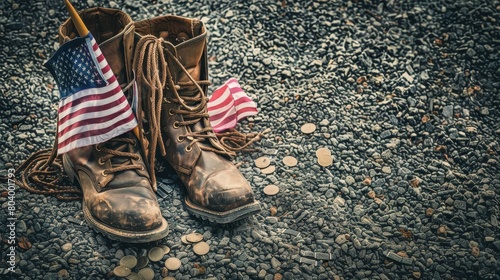 Poignant image of old combat boots with dog tags, flanked by two American flags, on a gravelly texture, symbolizing Memorial Day, with ample copy space photo