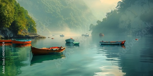 Boats floating on calm sea near green forest