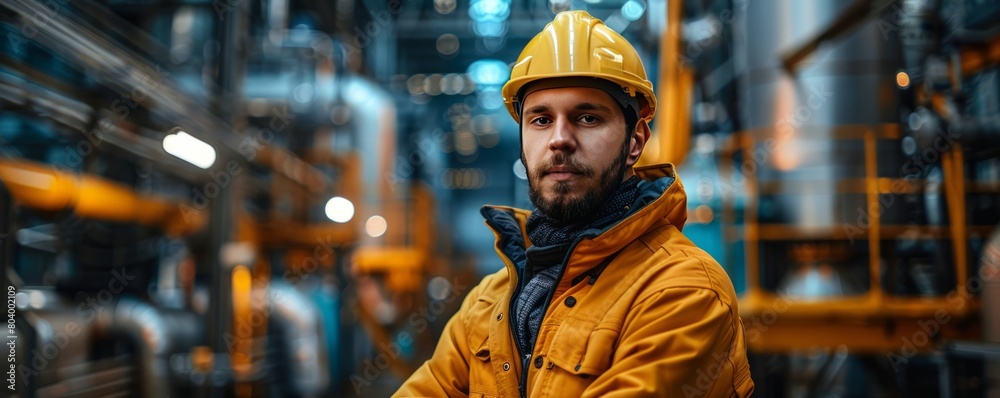 Professional worker in helmet on factory