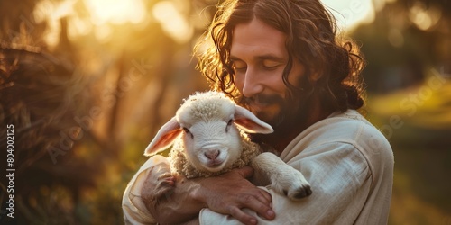 Jesus Christ holding a little lamb of Easter holiday concept