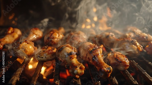Succulent chicken drumsticks sizzling on the barbecue, smoke swirling around them
