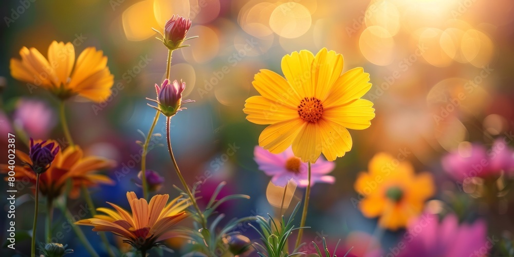 Close-Up of Wildflowers on a Sunny Day. Colourful Nature Background. Close-Up of Wildflowers on a Sunny Day. Colourful Nature Background.
