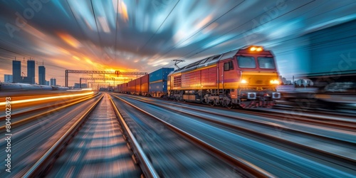 Fast-moving cargo train with dynamic motion blur against a colorful urban sunset  showcasing efficient outbound logistics