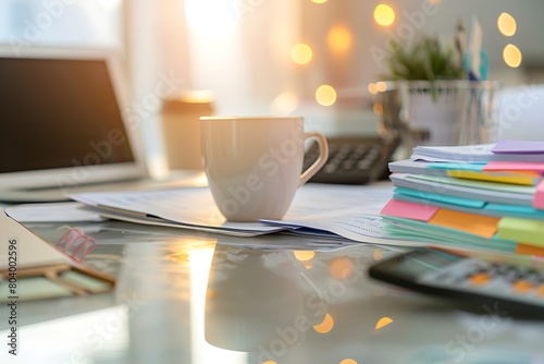 a cozy work environment with soft focus on a cup of coffee in the foreground