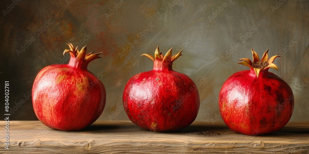 Three Red Pomegranates Fruits on Wooden Table Three Red Pomegranates Fruits on Wooden Table
