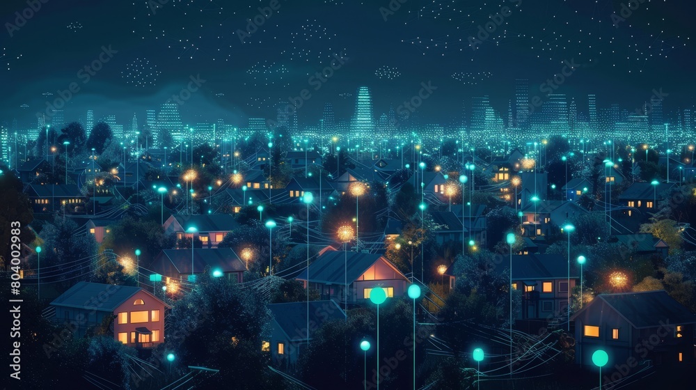 Nighttime panorama of a digital community, illuminated by data streams, smart homes fully integrated with digital networks Nighttime panorama of a digital community, illuminated by data streams, smart homes fully integrated with digital networks