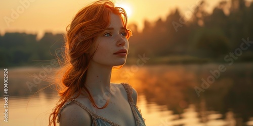 Close Up Portrait of a redheaded woman wearing a dress standing by a lake at sunset