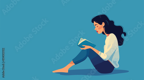 Young woman reading book on blue background Vector styl