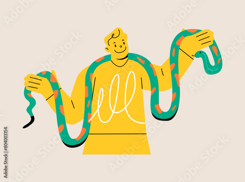 Man with long snake around neck. Colorful vector illustration