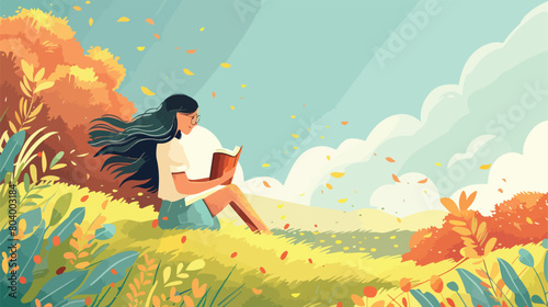 Young woman reading book outdoors Vector style vector