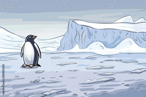 Cartoon cute doodles of a solitary penguin waddling sadly across a vast, icy landscape, Generative AI  photo