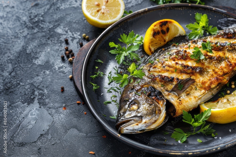 Top view of roasted fish with lemon and parsley on the plate, organic healthy food. Concept of detoxification and clean diet.
