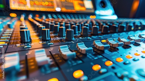 closeup hand moving faders in a mixing console in a music studio
