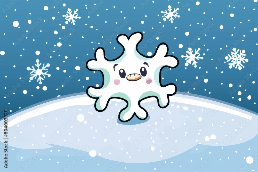 Fototapeta premium Cartoon cute doodles of a solitary snowflake falling softly to the ground, longing to join its fellow flakes, Generative AI