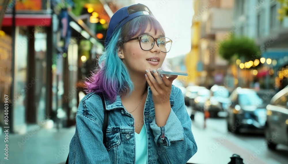 hipster urban girl with mobile phone on the city street sending voice message or recording , generated by AI