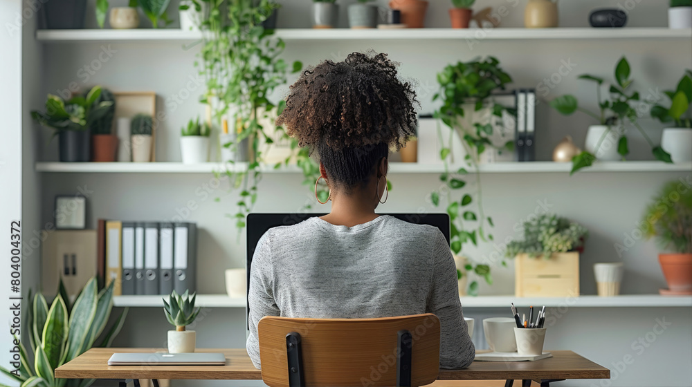 Young woman sits at a table in front of a personal computer Young woman sits at a table in front of a personal computer