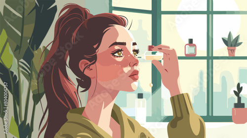 Young woman using eye drops at home closeup Vector styl