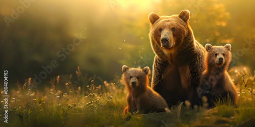 A mother bear and her cubs is sitting on grass field with blurred sunny background.