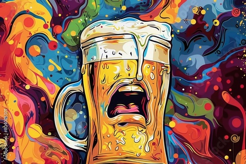 A painting of a mug of beer with a screaming face, suitable for bar or Halloween themed designs photo