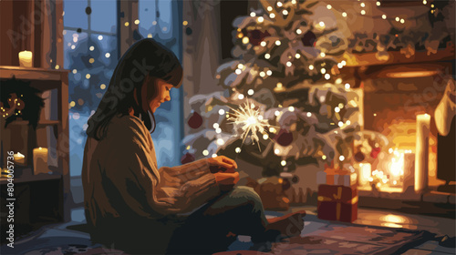 Young woman with Christmas sparkler at home in evening