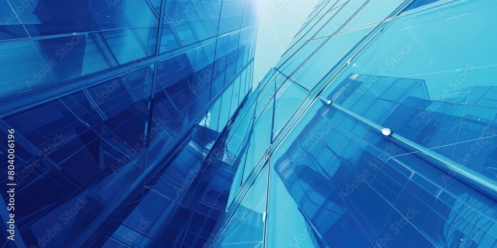 Fototapeta premium Reflections and angles converge in this vibrant blue architectural marvel