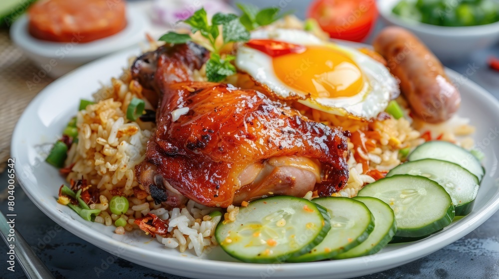 fried rice with fried egg on white plate, delicious indonesian food fried rice with fried egg on white plate, delicious indonesian food
