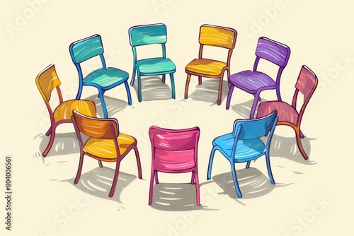 Colorful chairs arranged in a circle  suitable for design projects