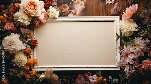 Empty photo frame on a dark background with flowers. Mockup in a classic style. Natural Business Template. 