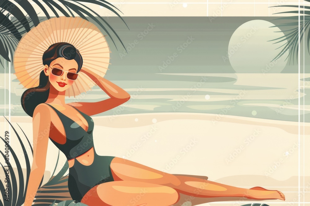 Girl relaxing on beach. Summer vacation Vintage poster flyer design template. Party invitation