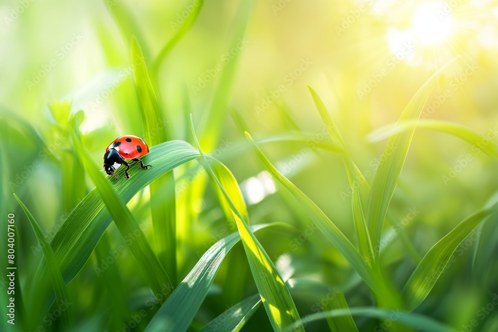 Ladybug on vibrant green grass with sunlight flare. Spring awakening and summer nature concept. Design for poster, wallpaper, banner with copy space. Ladybug on vibrant green grass with sunlight flare. Spring awakening and summer nature concept. Design for poster, wallpaper, banner with copy space.