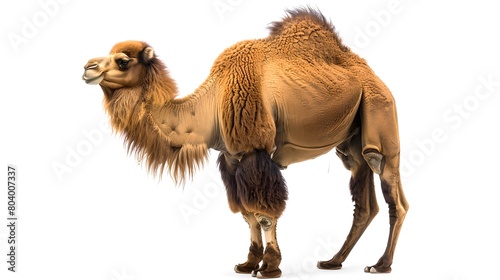 Side view of a single Bactrian camel on a white background. Perfect for educational and commercial use. Natural colors, clear detail. Realistic camel depiction. AI