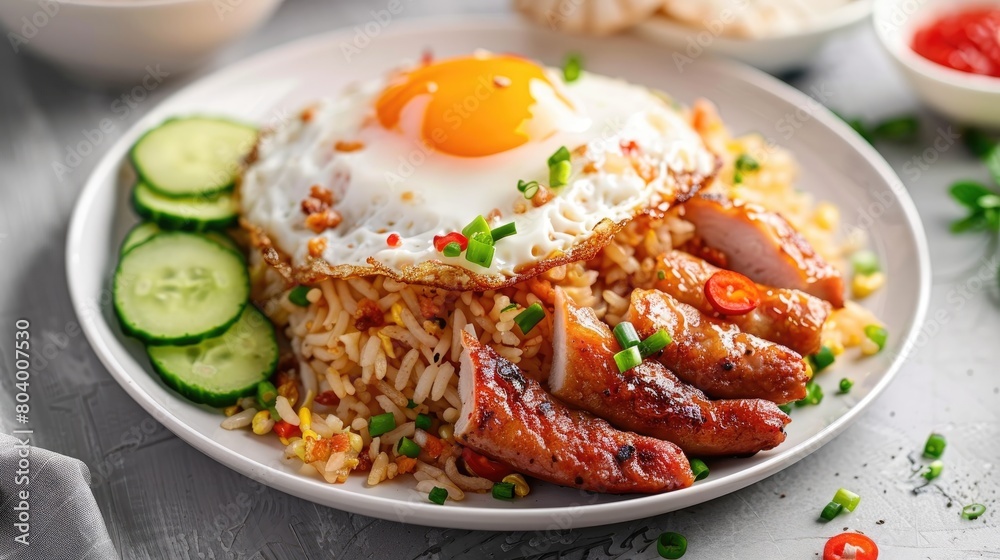 fried rice with fried egg on white plate, delicious indonesian food fried rice with fried egg on white plate, delicious indonesian food