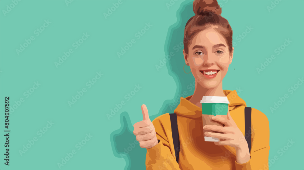 Young woman with paper cup of coffee showing thumb-up
