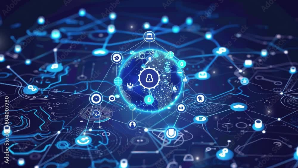 Communication technology background. Visualize a digital globe in the center, surrounded by connected dots and social media icons, depicting a vast, decentralized network. Communication. Social media