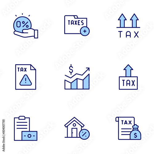 Tax icon set. Duo tone icon collection. Editable stroke, tax, payment, warning, tax free, taxes, property.