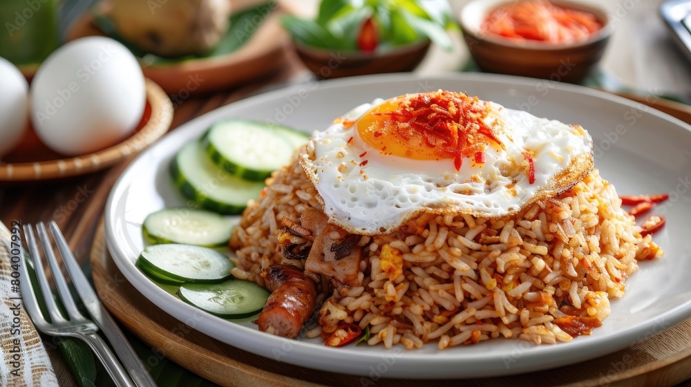 fried rice with fried egg on white plate, delicious indonesian food fried rice with fried egg on white plate, delicious indonesian food