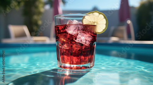 Cocktail glasses or refreshing drinks next to the pool. During the summer holidays